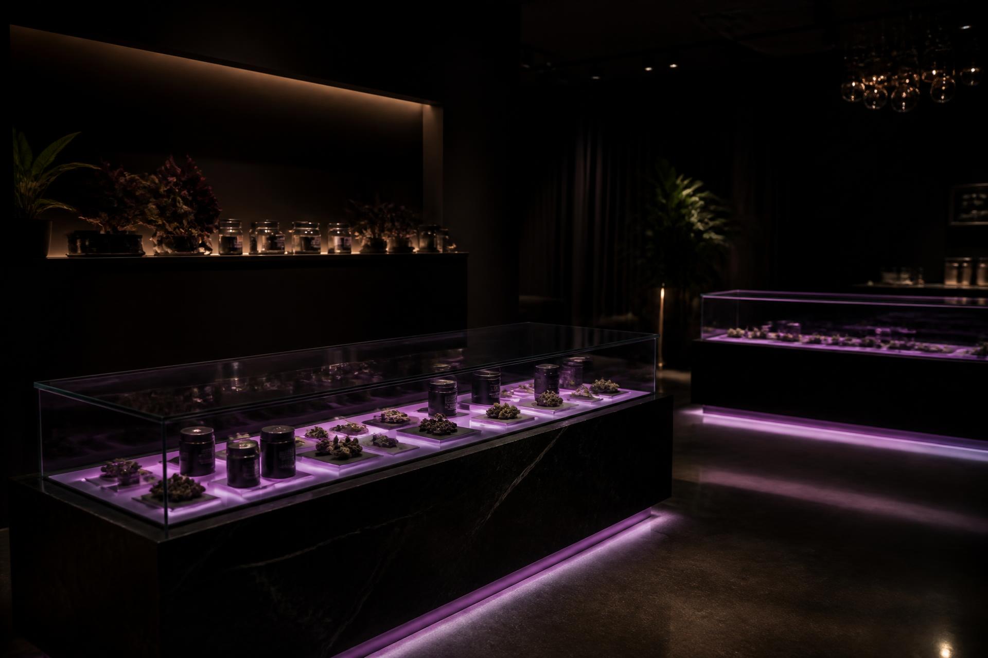 Purple-lit display cases inside a WYZE Cannabis dispensary